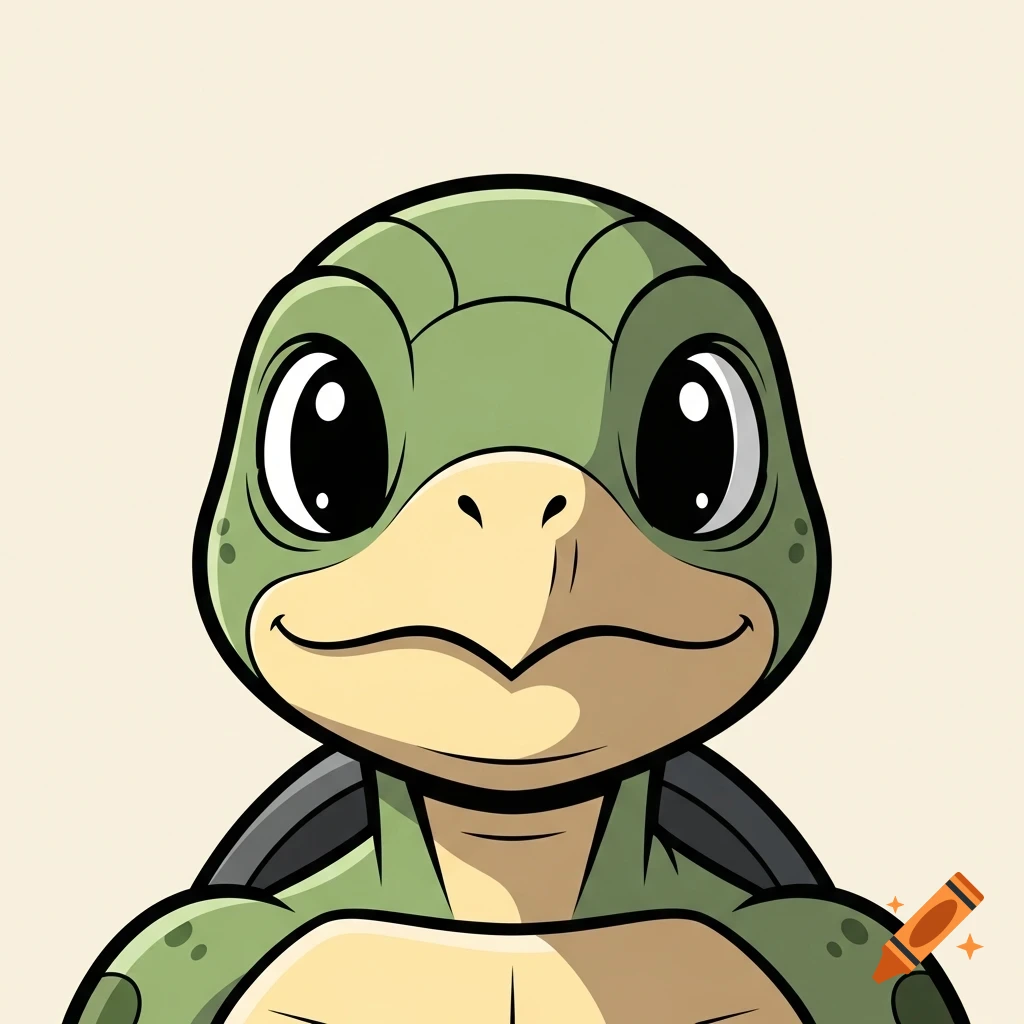 A cartoon portrait of a green turtle character with large eyes and a neutral expression, chest up.