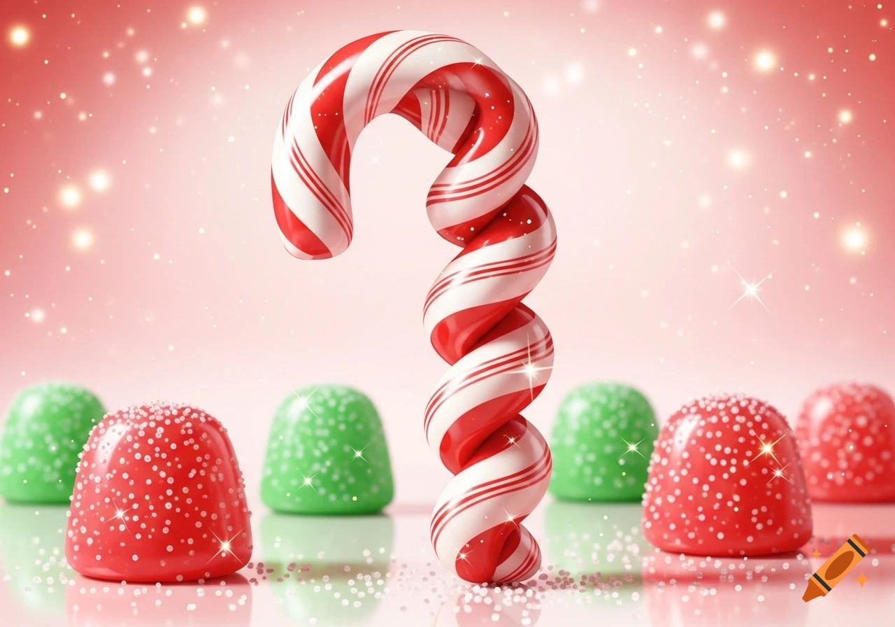 A twisted red and white candy cane stands among red and green gumdrop candies on a reflective surface with a sparkling pink background, 3D render.