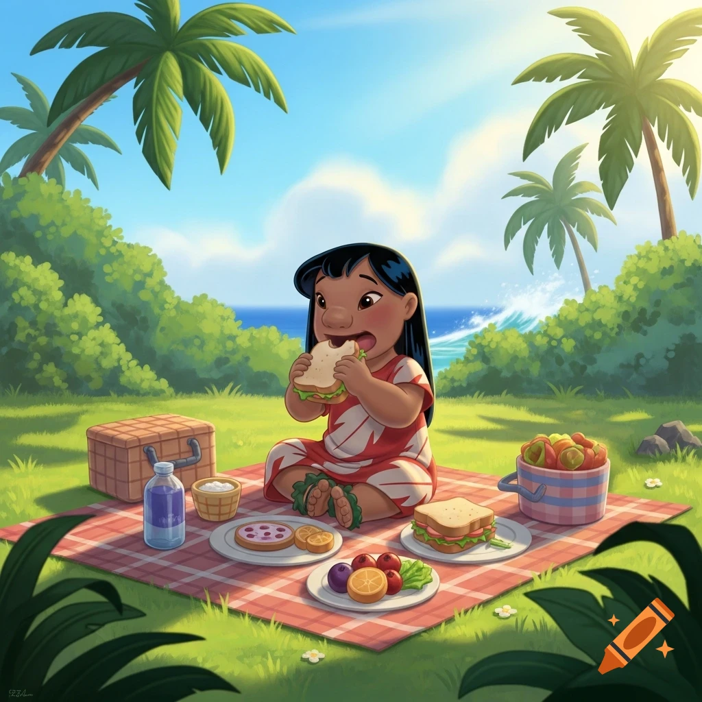 Lilo eats a sandwich at a sunny tropical picnic on a red checkered blanket, with palm trees and ocean, in a cartoon style.