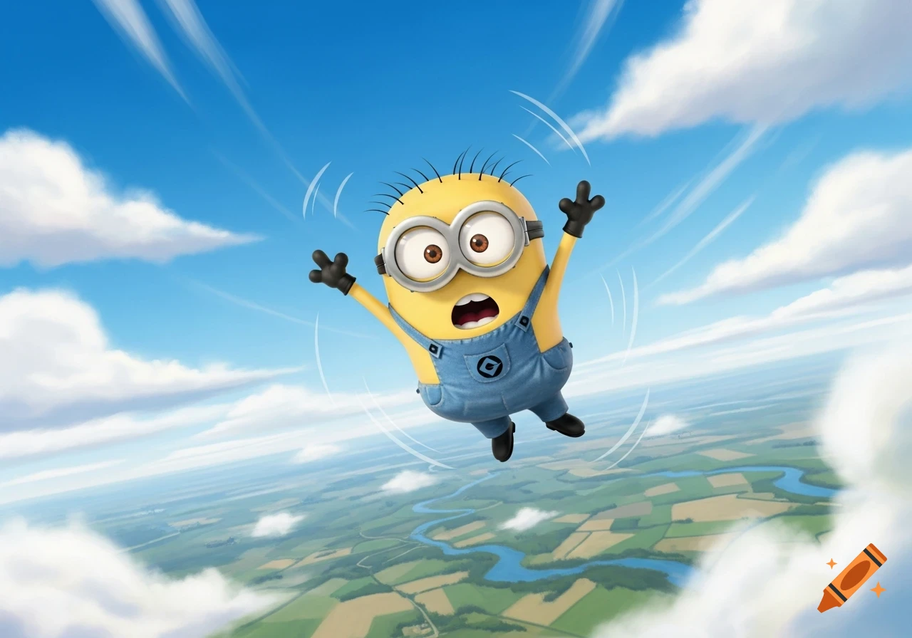 A surprised yellow Minion with goggles and blue overalls falls through a clear blue sky, with green fields and a winding river visible far below.