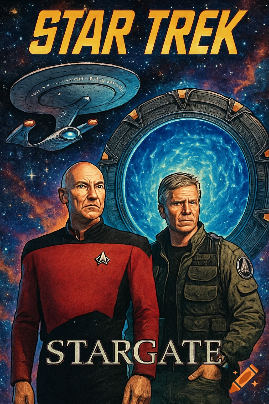 A comic book cover with Jean-Luc Picard and Jack O'Neill, a Star Trek starship, and a Stargate against a cosmic background. Text reads STAR TREK and STARGATE.