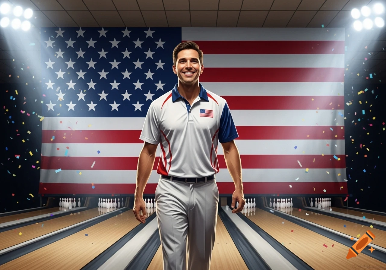 A happy male bowler in a white, red, and blue uniform walks on a bowling lane with an American flag and confetti in the background.
