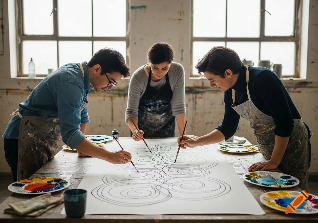 Three people in aprons draw a complex swirling line pattern on large white paper in a bright art studio.