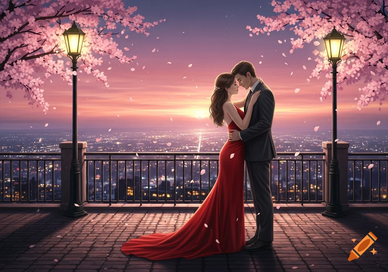 A couple embraces on a balcony overlooking a city at sunset, with pink ...