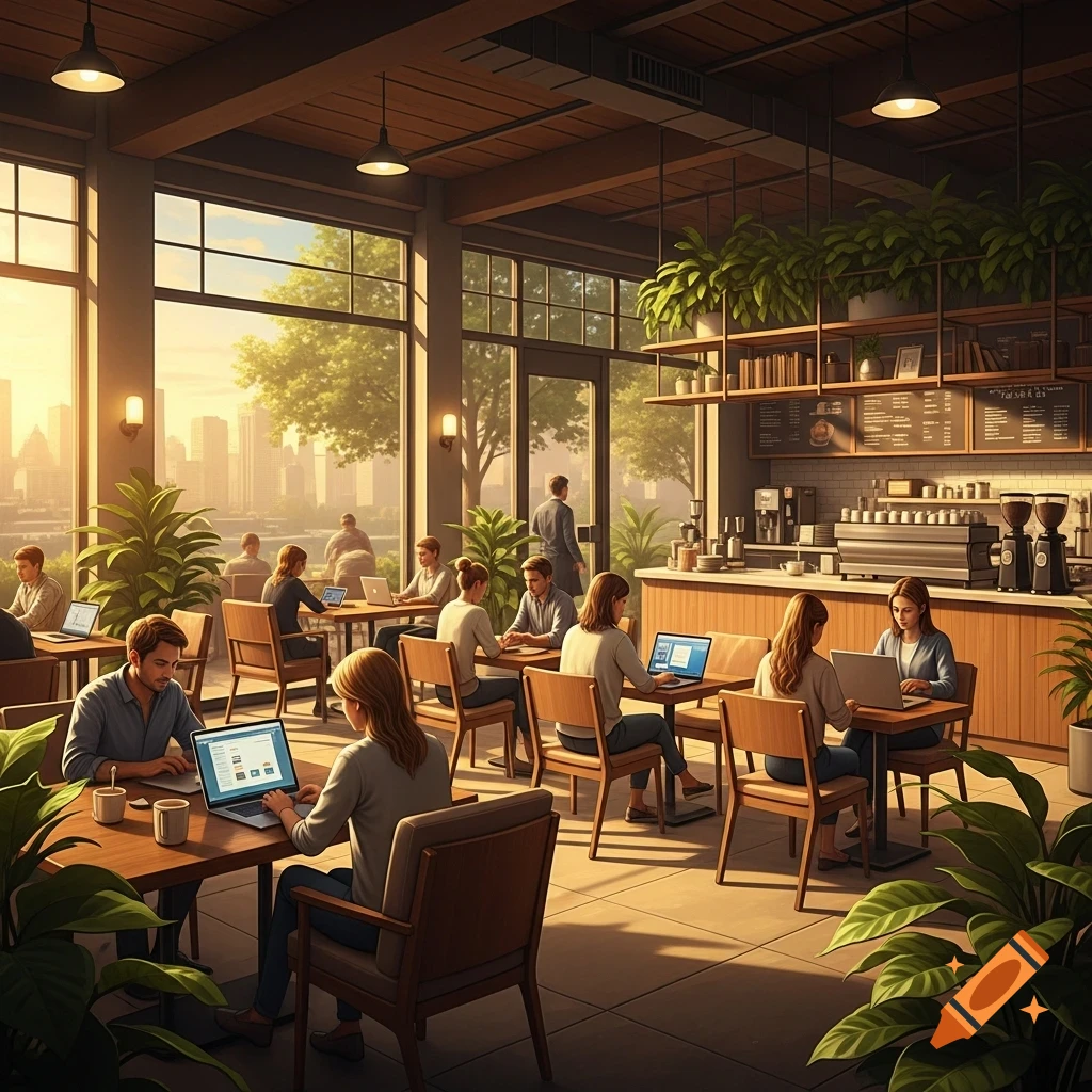 A modern coffee shop interior at sunset with warm lighting, featuring multiple people working on laptops at wooden tables.