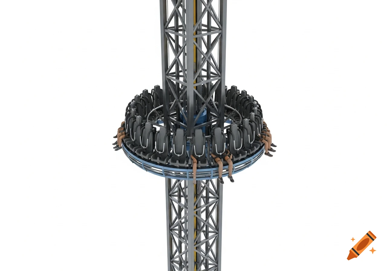 Highly realistic 3D rendering of a modern gyro drop amusement ride with a steel lattice tower and a circular gondola, on a white background.