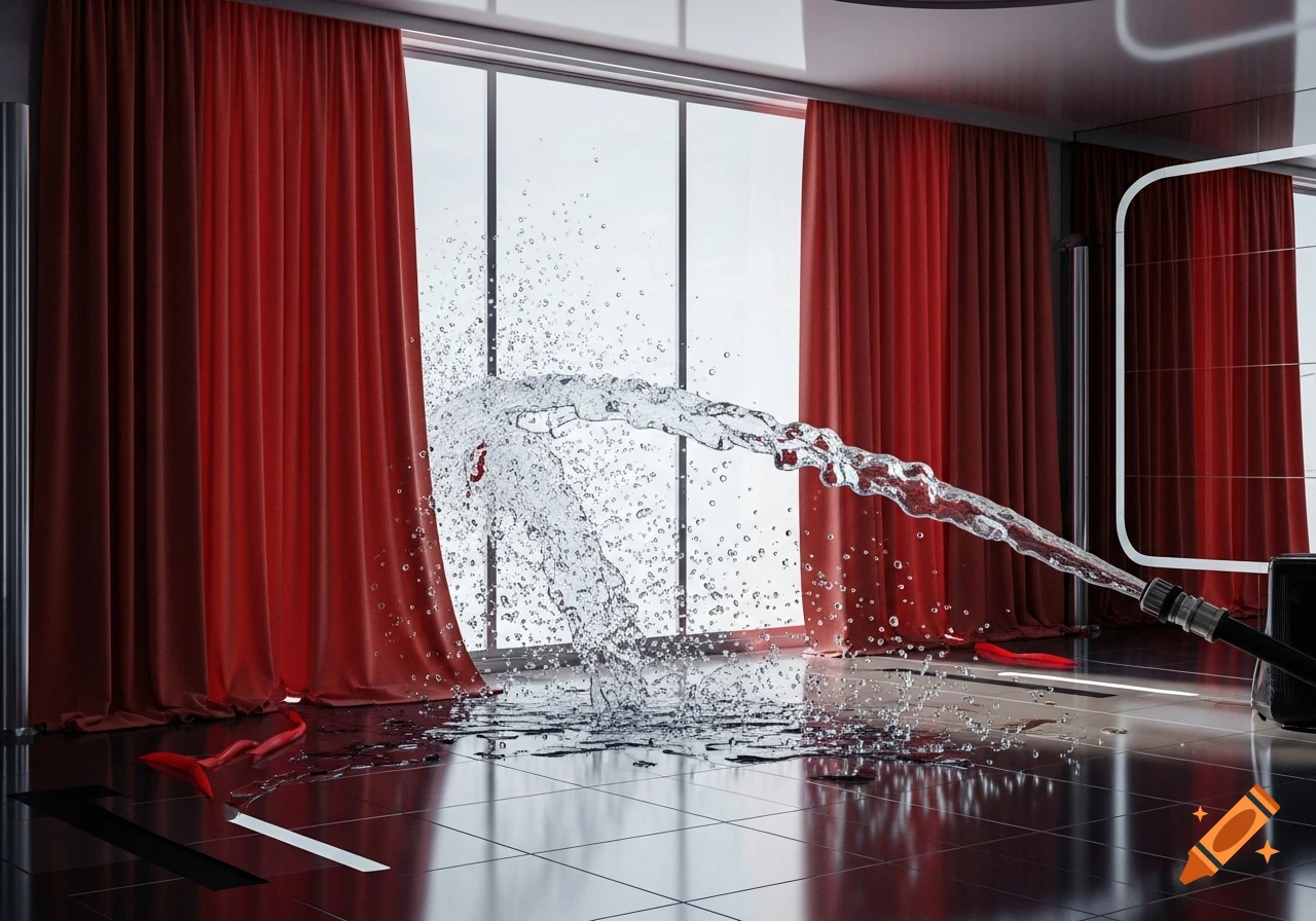 A photorealistic indoor scene with red curtains, a large window, and a hose spraying water that splashes on a dark tiled floor.
