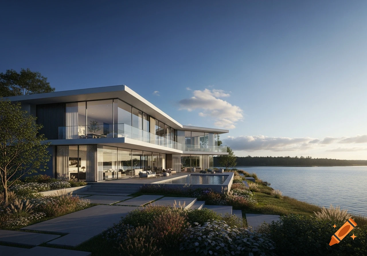 A luxurious modern house with large windows and a swimming pool overlooking a calm lake at sunset.