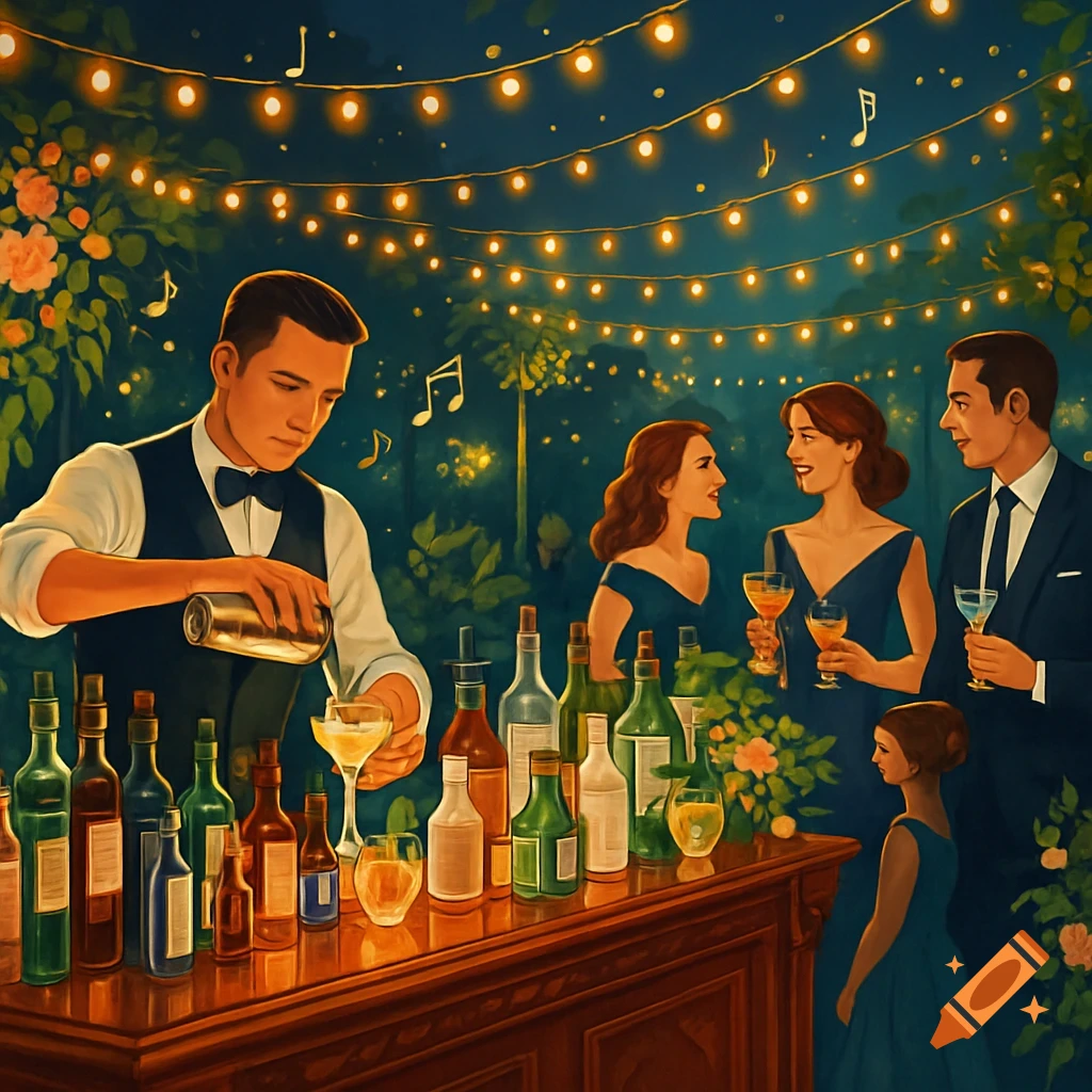 An illustrative image of a bartender mixing a drink at an outdoor evening event, with string lights, trees, and guests holding beverages in the background.