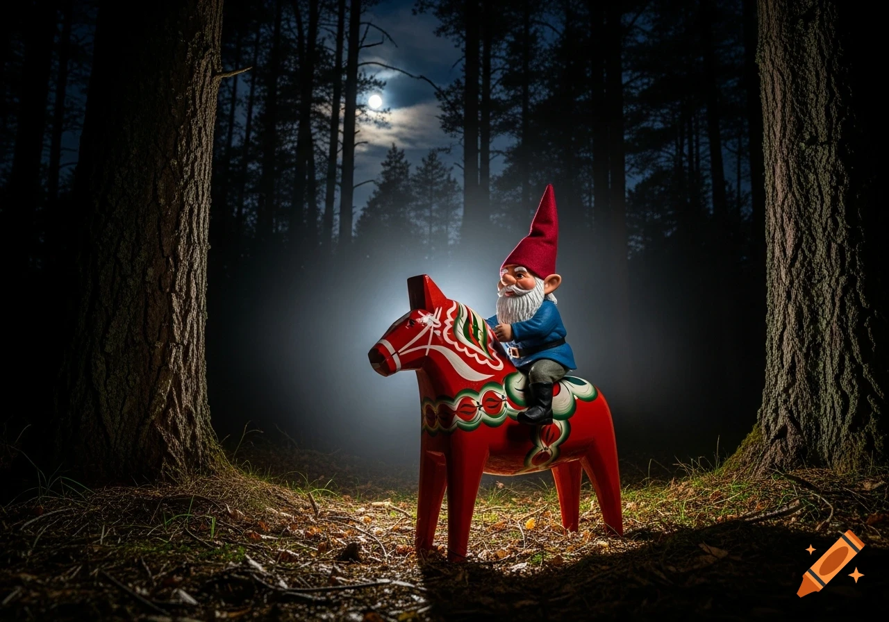 A gnome with a red hat rides a red Dala horse through a dark forest at night, illuminated by a bright light, with a full moon visible.