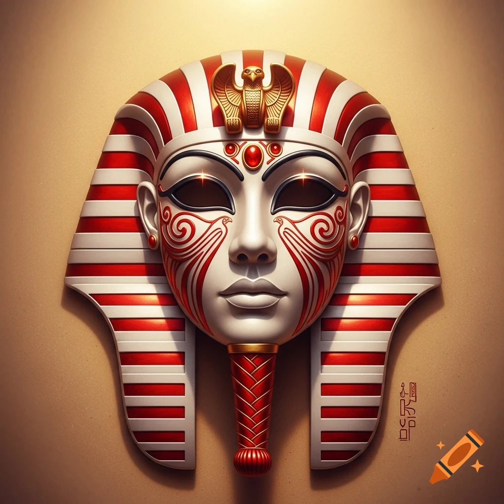 A detailed Egyptian pharaoh's mask, predominantly white and red with gold accents and intricate patterns, on a gold background.