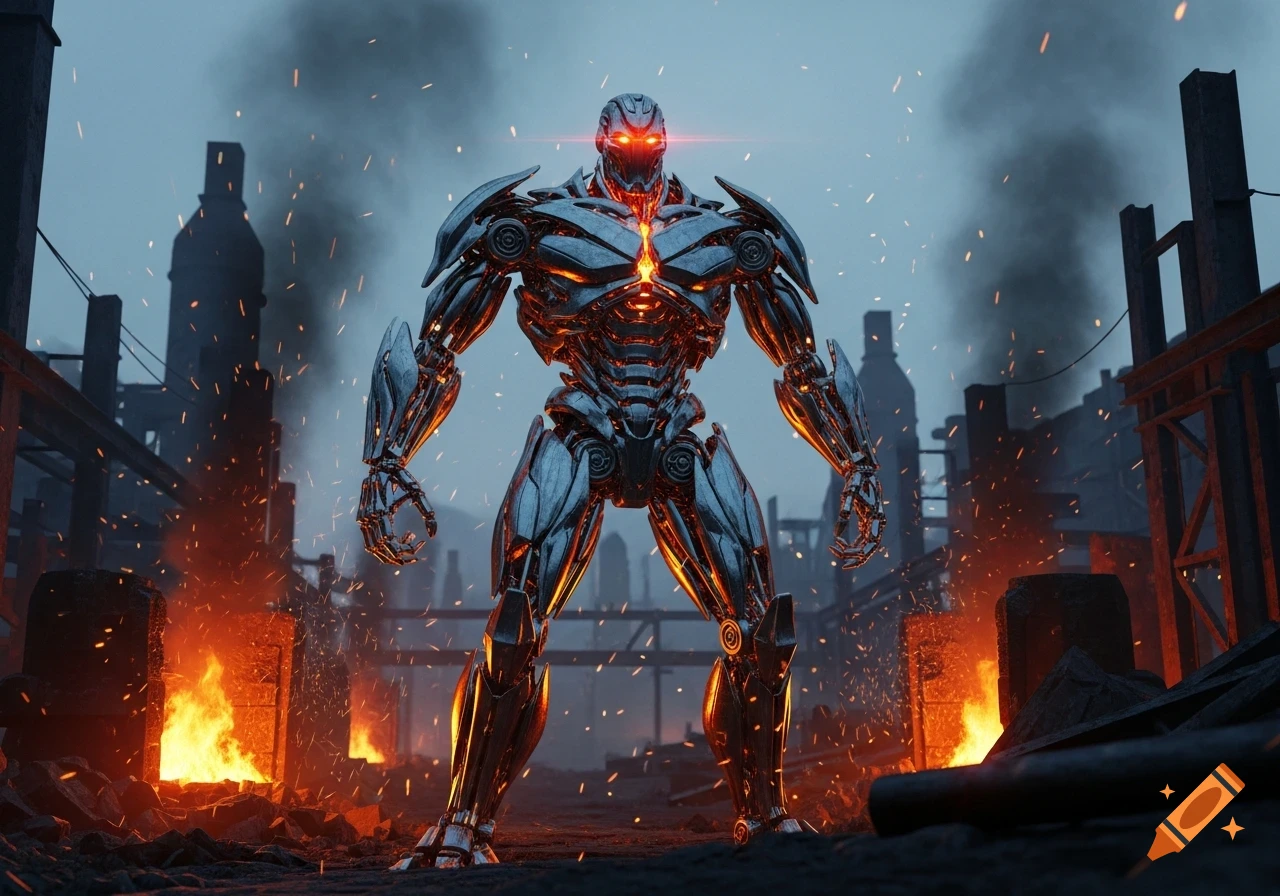 A large, muscular metallic robot with glowing orange eyes stands in a ruined city engulfed in flames and smoke.