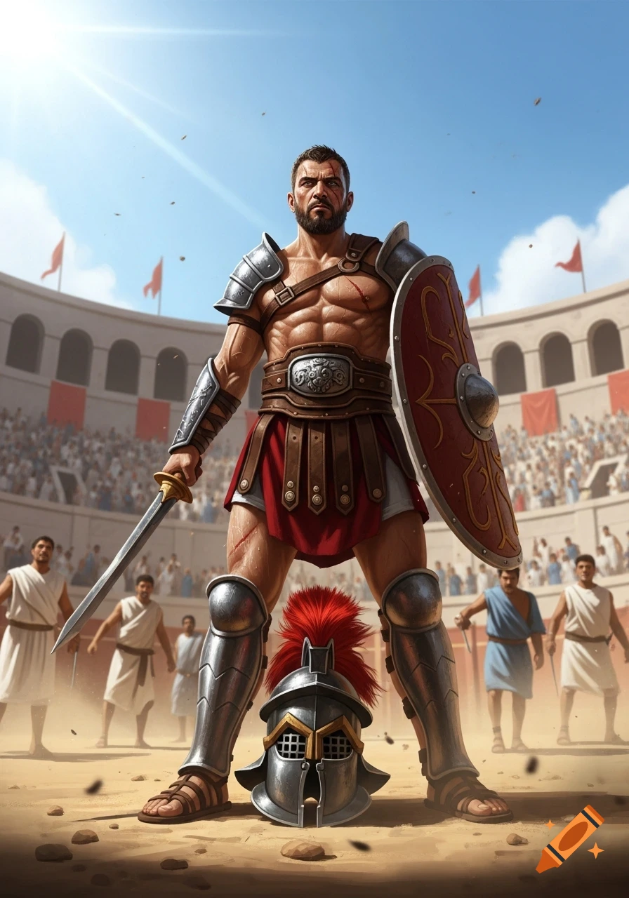 A muscular gladiator with a sword and shield stands in an arena, a helmet at his feet, with a crowd in the background.