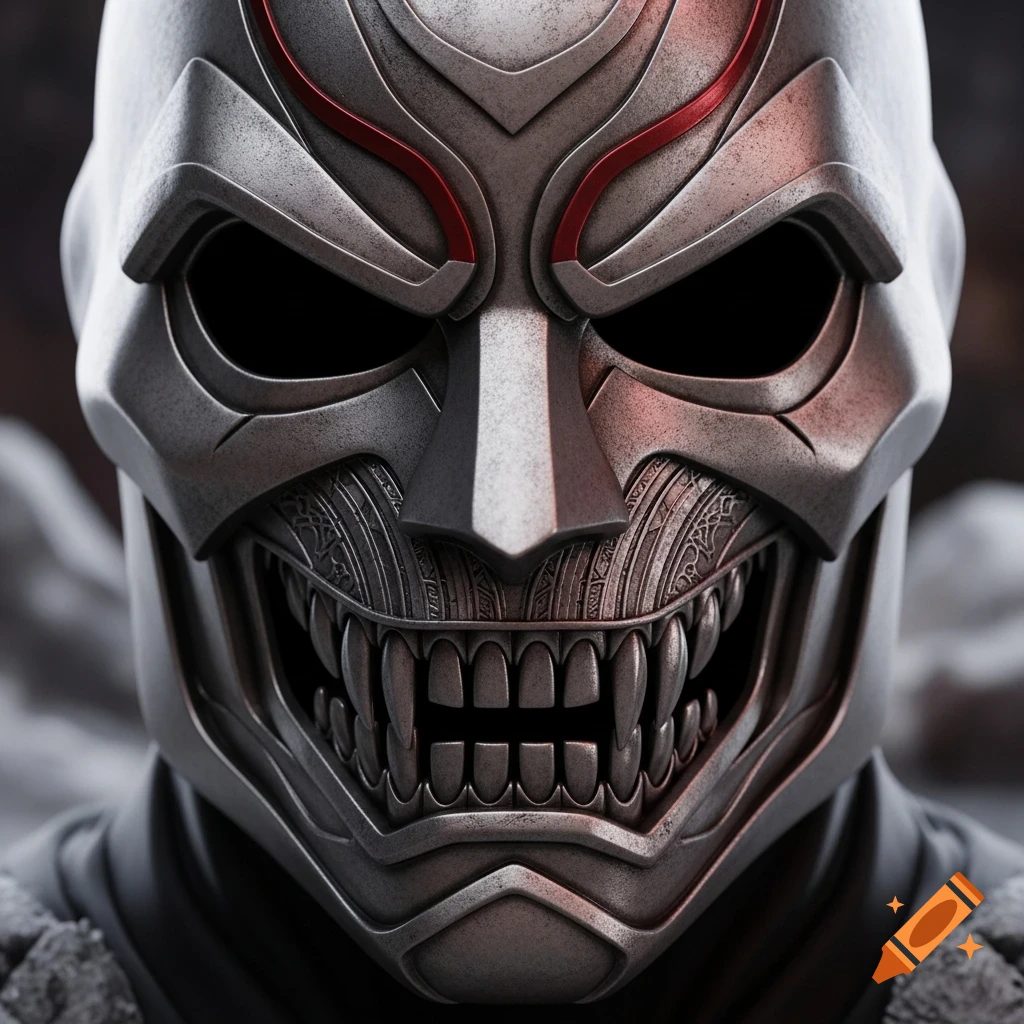 A close-up of a metallic silver super villain mask with red accents and sharp teeth, detailed and ominous.