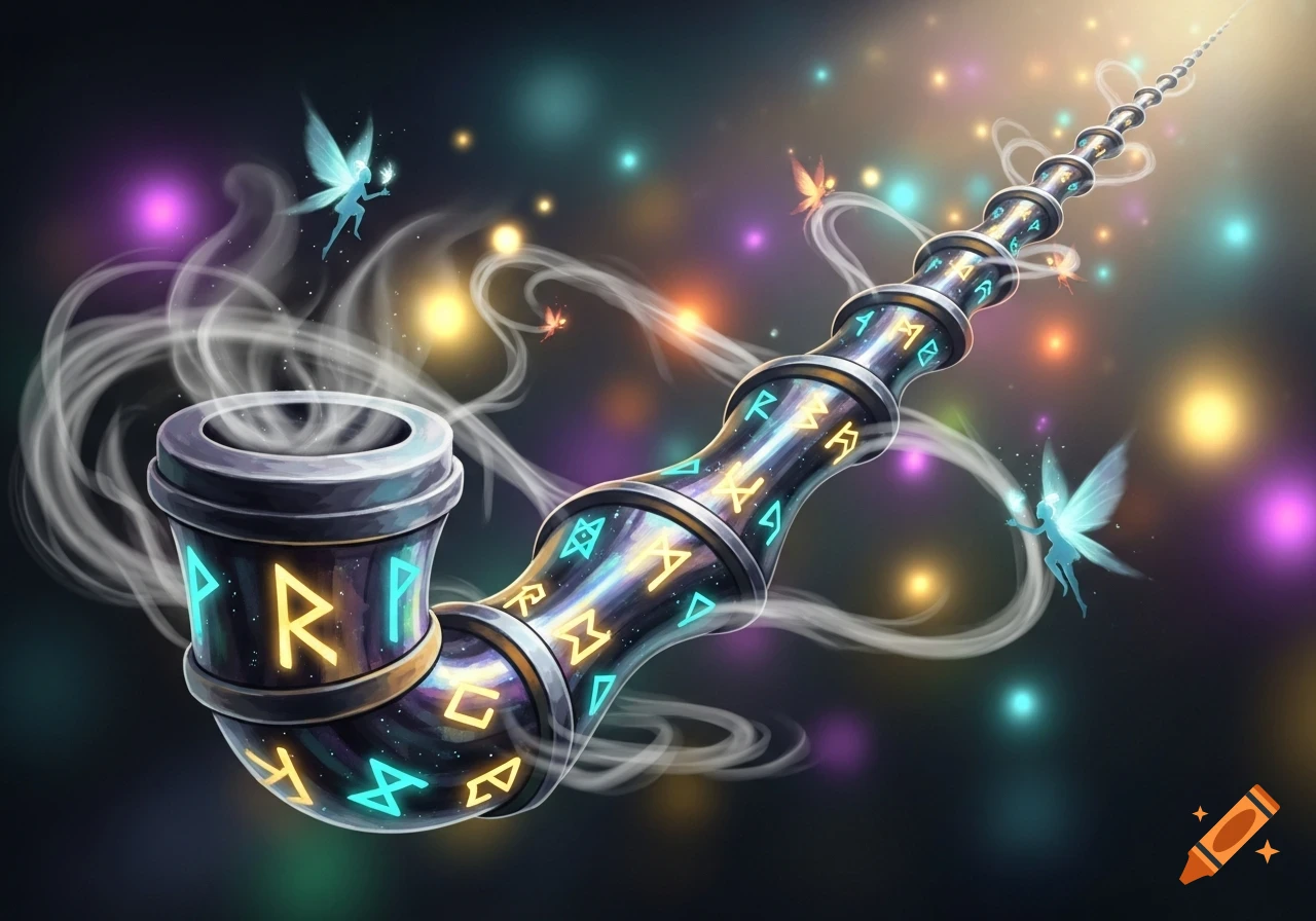 An ornate fantasy pipe with glowing runic symbols, emitting smoke trails, surrounded by small fairies and colorful bokeh lights.