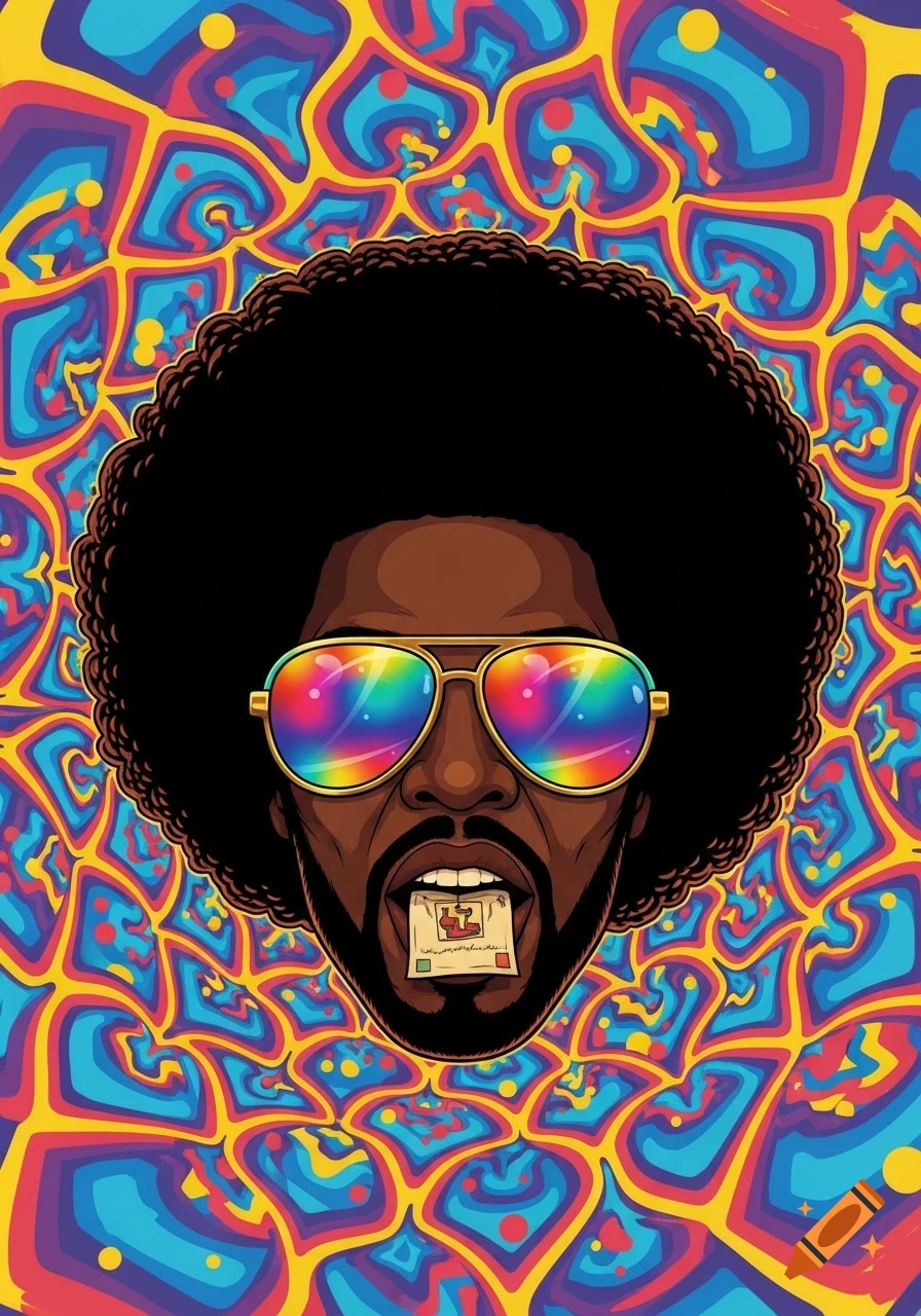 Illustration of a man with an afro and rainbow sunglasses, with a small square of paper on his tongue, against a trippy, colorful geometric background.