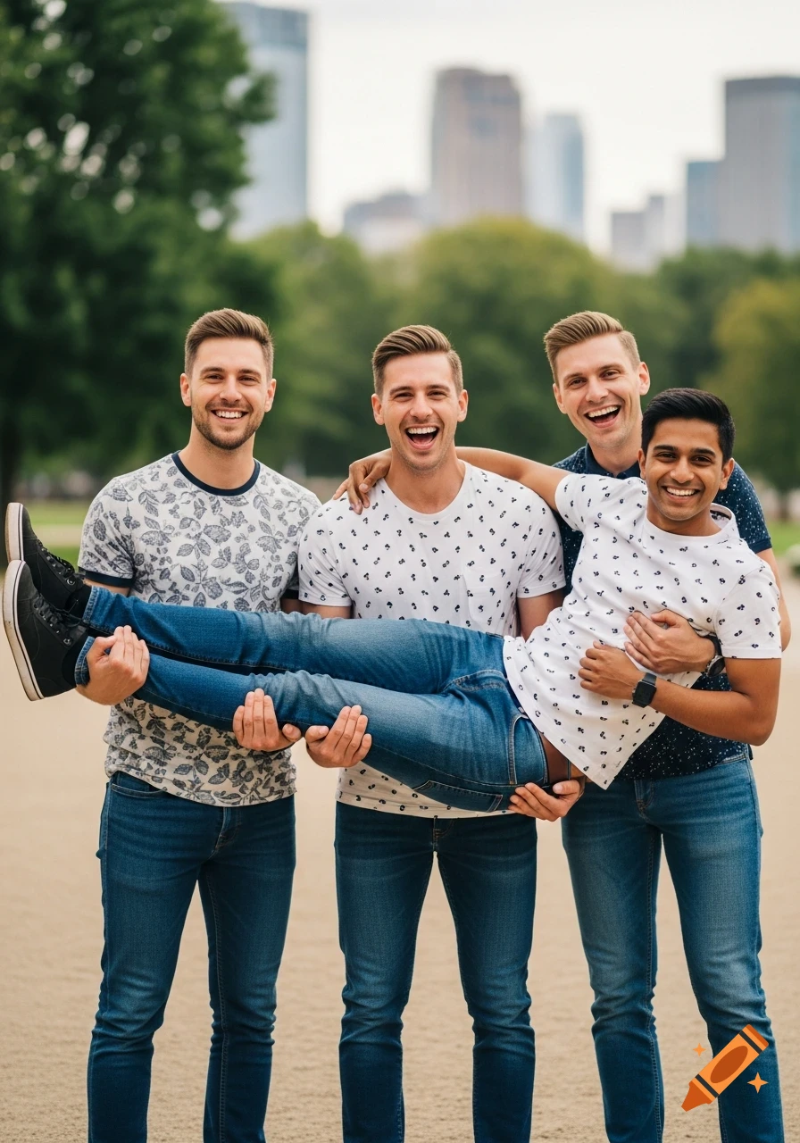 Four smiling men posing outdoors, three holding up one man in their arms, with city buildings in the background.