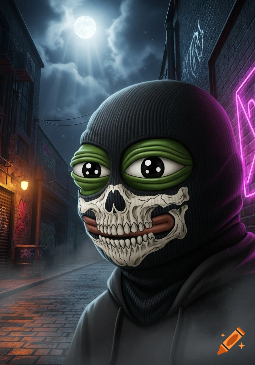 An illustration of Pepe the frog wearing a black balaclava with a skull design over the mouth, in a dark, graffiti-covered alley under a full moon.