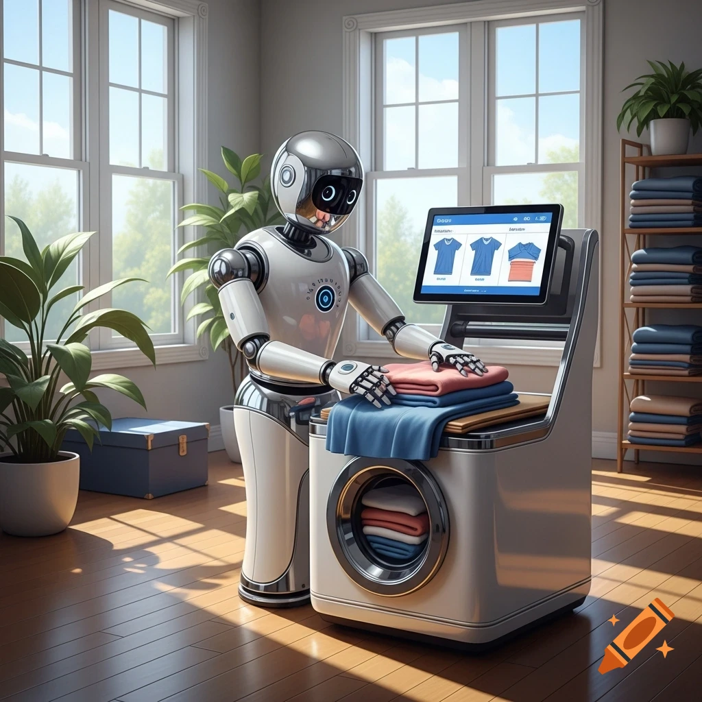 A white robot with a shiny chrome head folds clothes on a smart washing machine in a sunny room with large windows.