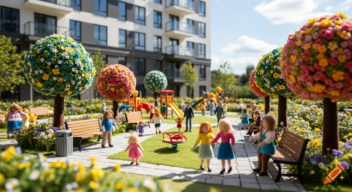 A vibrant felted wool miniature world with tiny people playing in a park, featuring colorful felt trees and a playground in front of modern apartments.