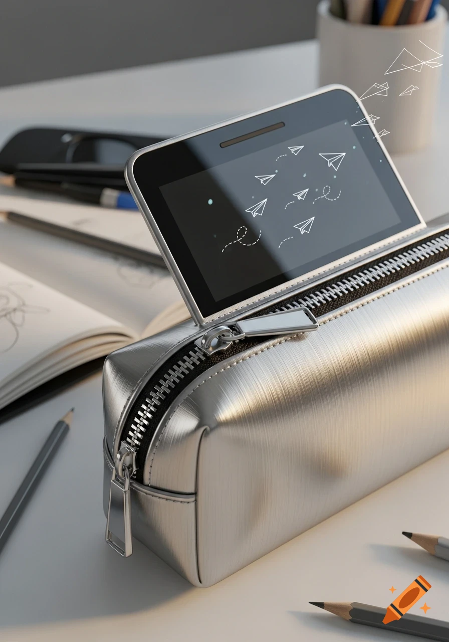 A silver metallic pencil case with a phone screen displaying white paper airplane icons, surrounded by school supplies on a desk.