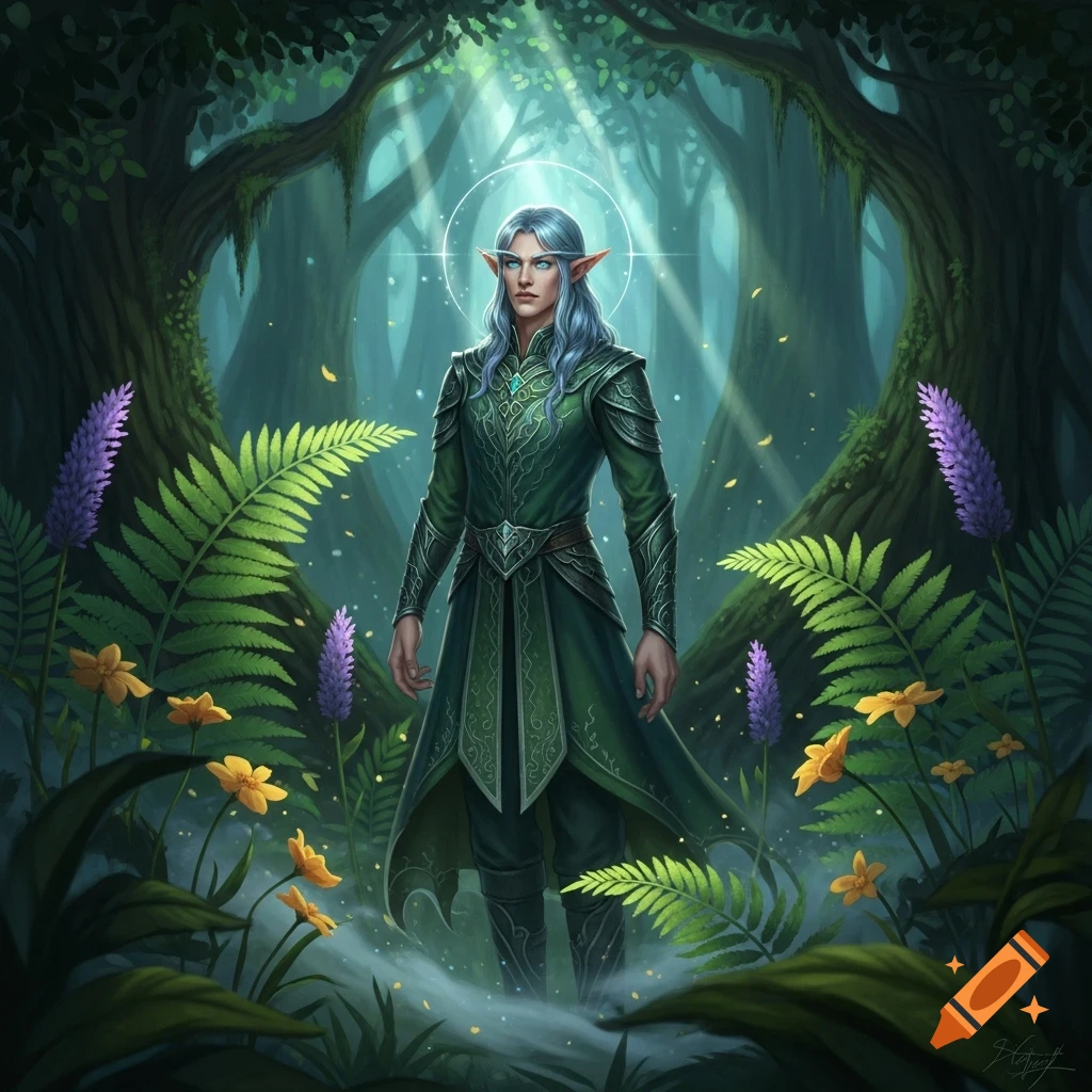 A male elf with blue hair and green attire stands in a mystical forest with sunlight, ferns, and flowers, in a fantasy art style.