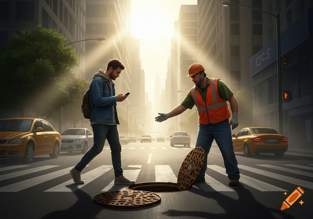 A man looking at his phone walks towards an open manhole while a construction worker attempts to warn him on a sunny city street.