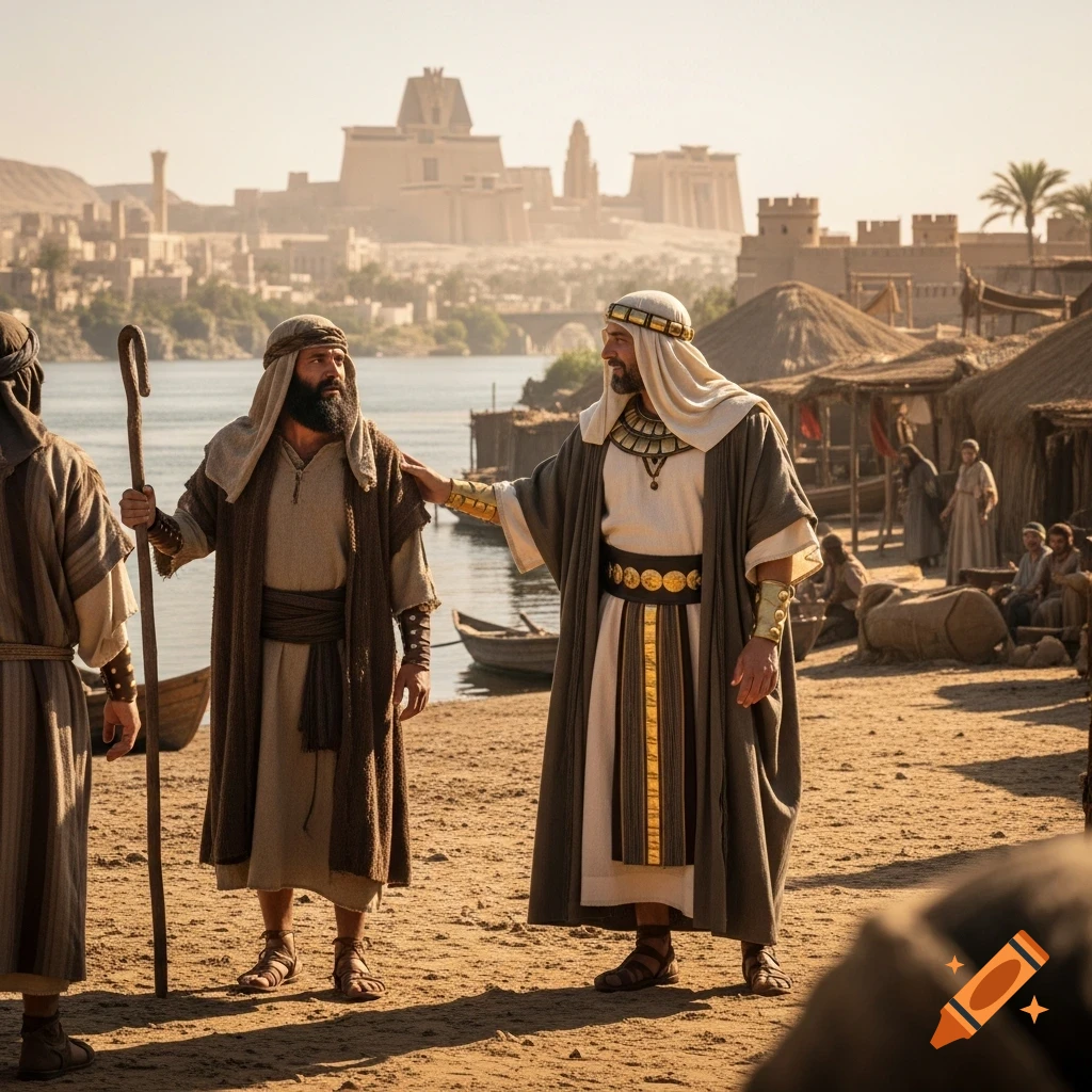 Two ancient men, one in elaborate Egyptian attire and one in nomadic clothes with a staff, stand by a river with an ancient city in the background.
