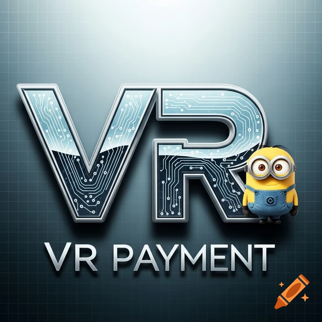 A metallic VR logo with circuit patterns, a Minion character, and 'VR PAYMENT' text below on a grid background.
