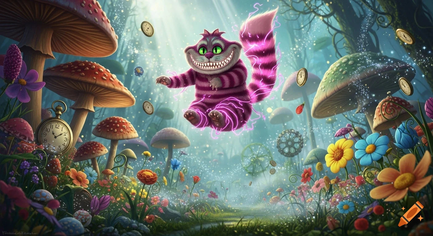 Vibrant fantasy scene with a floating Cheshire Cat, glowing pink stripes, oversized mushrooms, whimsical flowers, and scattered pocket watches.