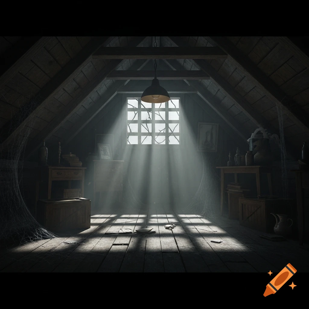 A dark, dusty attic interior with strong rays of light streaming through a gridded window, illuminating dust and cobwebs.