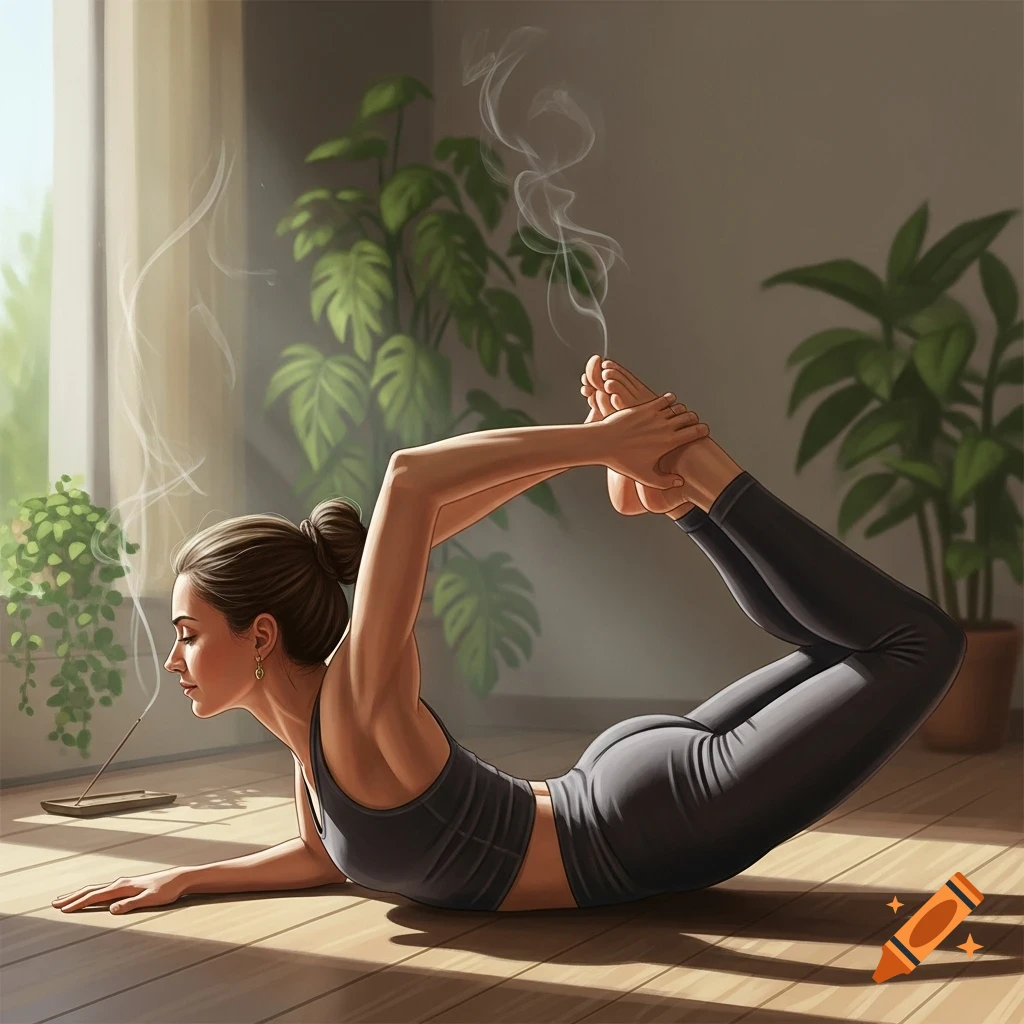 Illustrative image of a woman performing a yoga pose on a sunlit wooden floor, with incense smoke and houseplants.