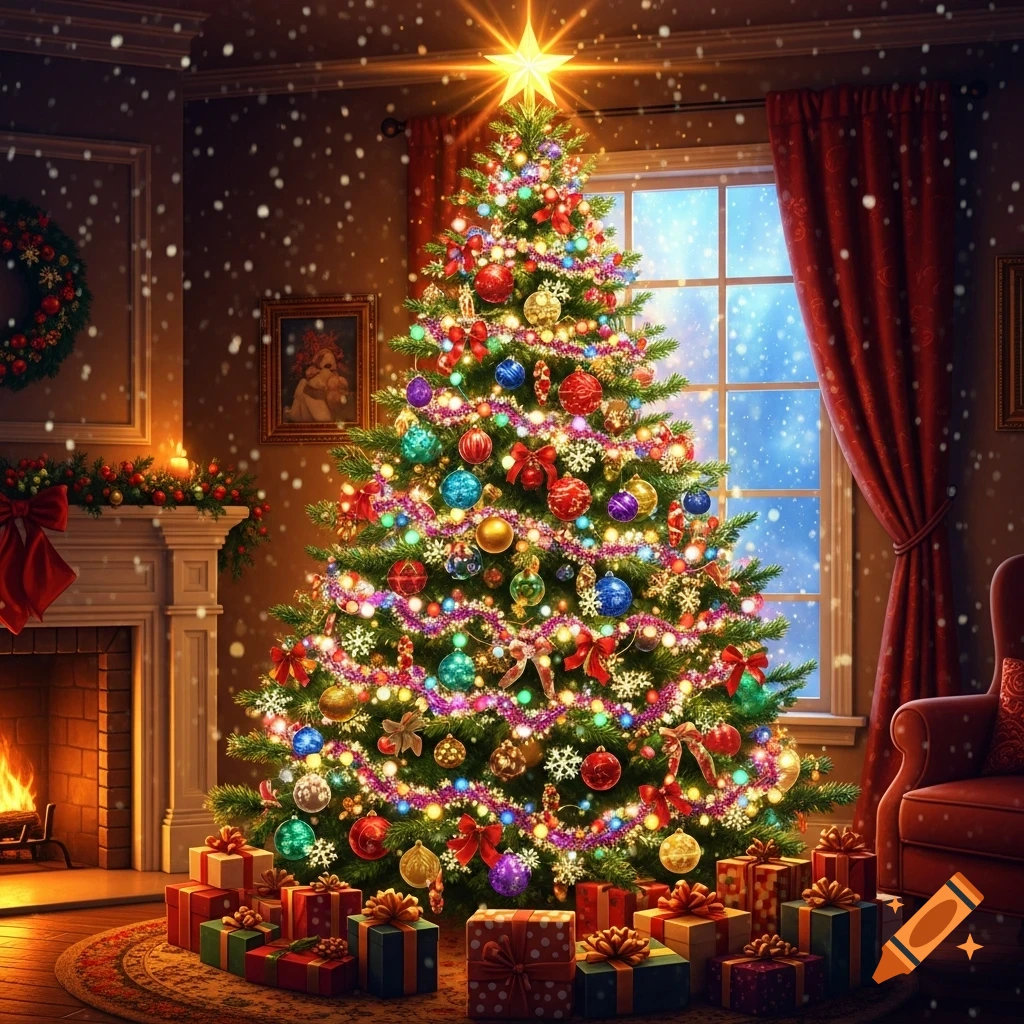 A brightly lit and decorated Christmas tree in a cozy room, surrounded by gifts, with a fireplace and snow falling outside.