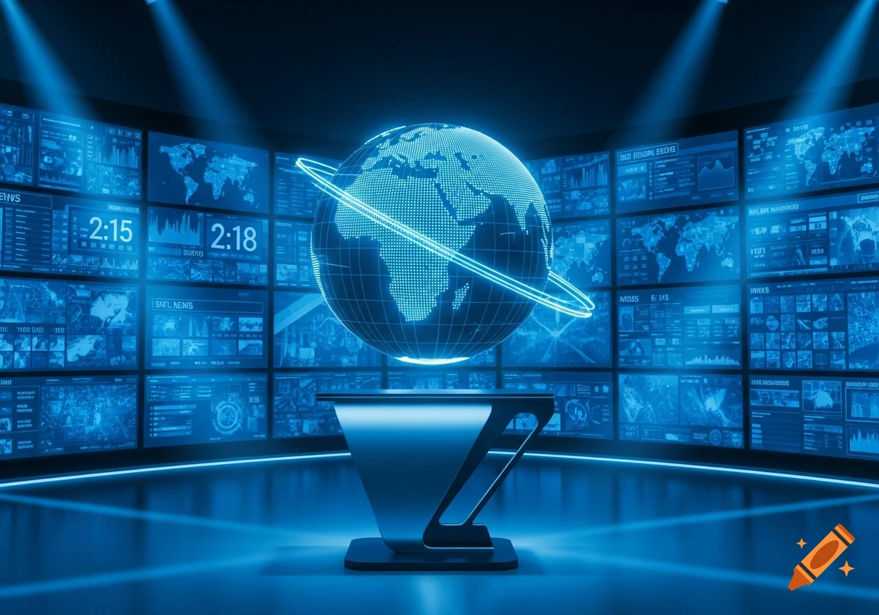 A glowing blue digital globe stands on a sleek pedestal in a futuristic newsroom with multiple screens displaying maps and data.