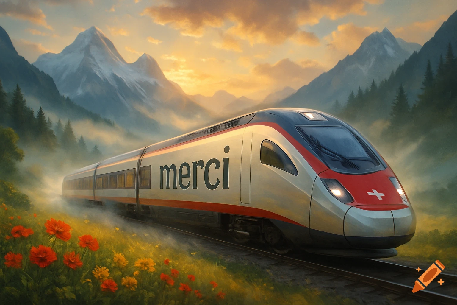 A modern train, with 'merci' on its side, travels through a scenic mountain valley at sunset, surrounded by wildflowers.