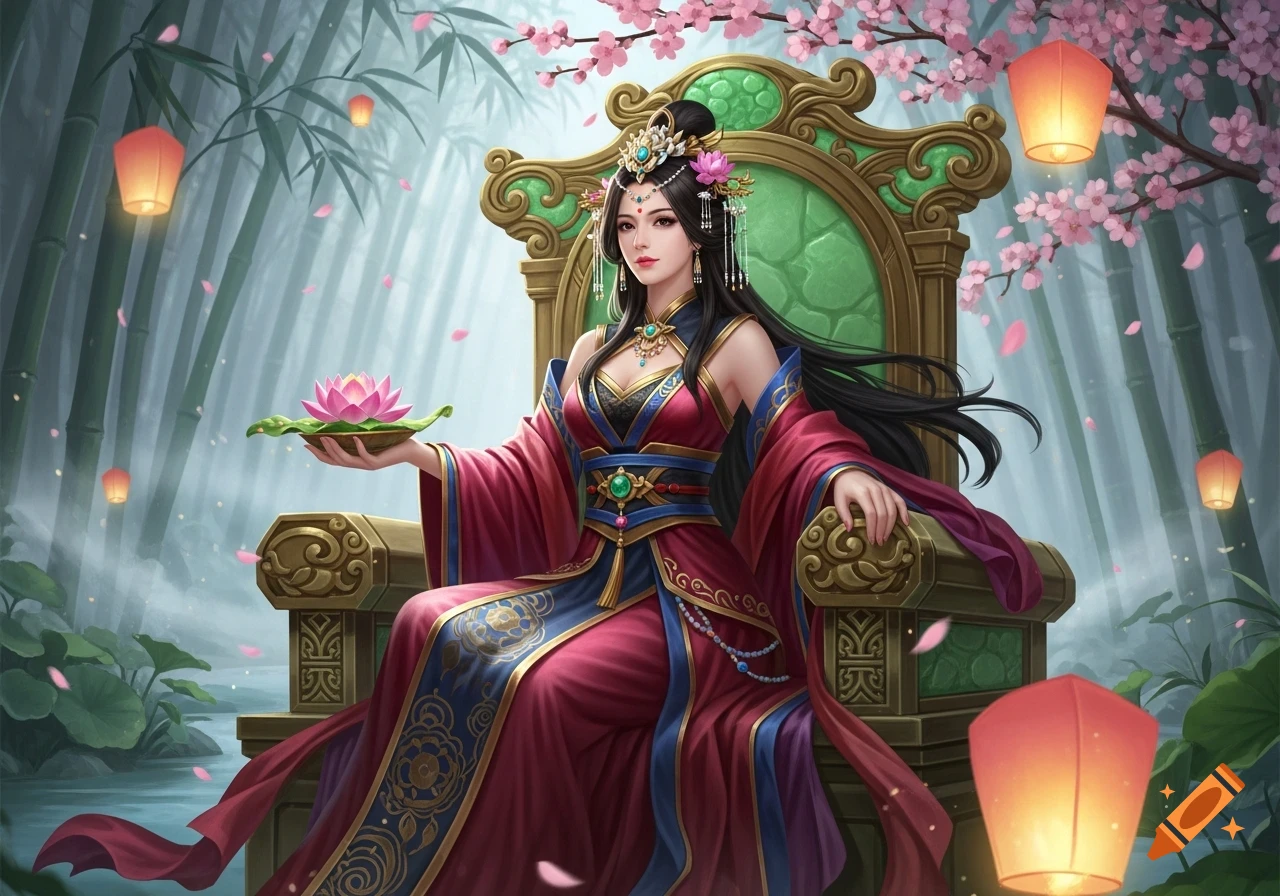 An elegant Asian goddess on a golden throne holds a pink lotus, surrounded by a bamboo forest with cherry blossoms and lanterns.
