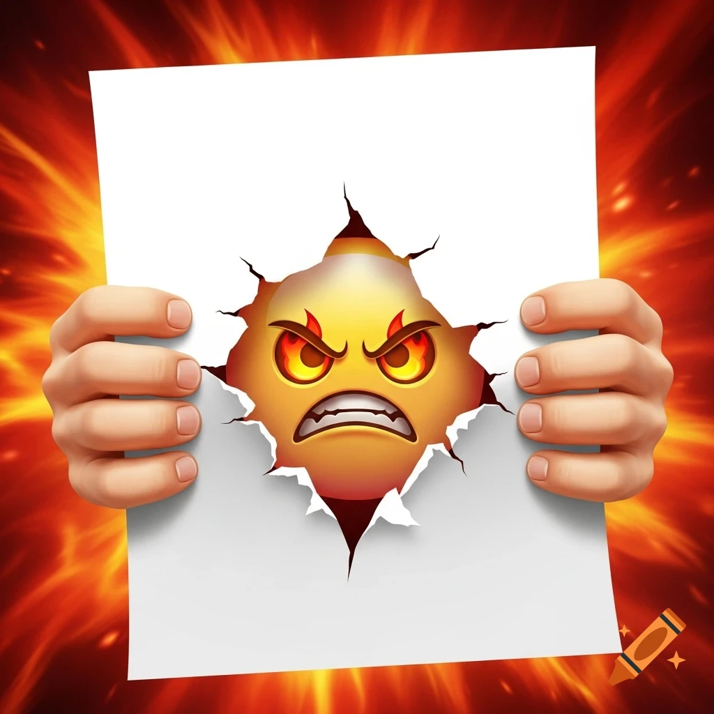 An angry yellow emoji with fiery eyes and clenched teeth bursts through a ripped white paper, held by two hands against a red-orange fiery background.