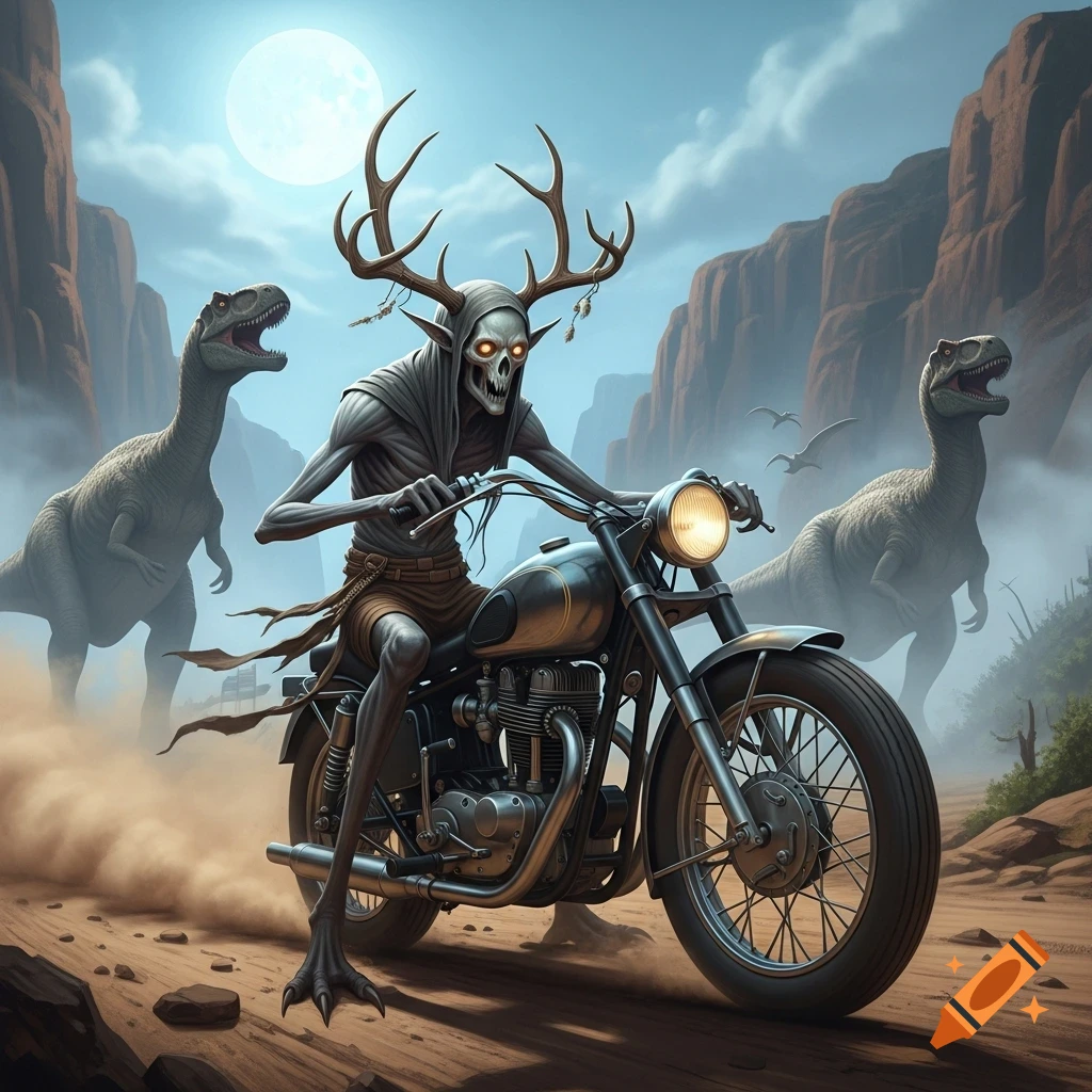 A skeletal, antlered creature with glowing eyes rides a motorcycle through a desert canyon under a full moon, with dinosaurs in the background.