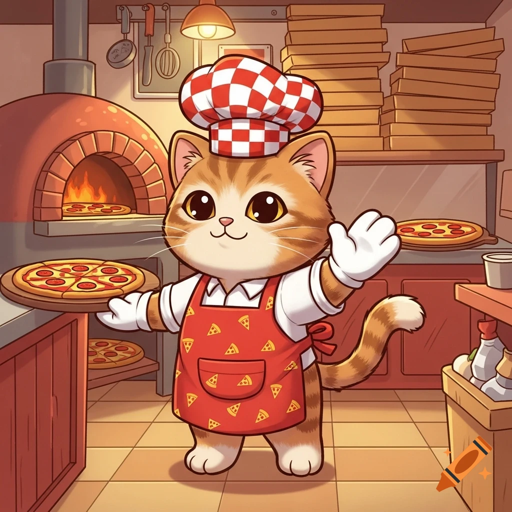 Cute 2D cartoon ginger cat chef in a red apron and checkered hat holds a pizza in a kitchen with a pizza oven.