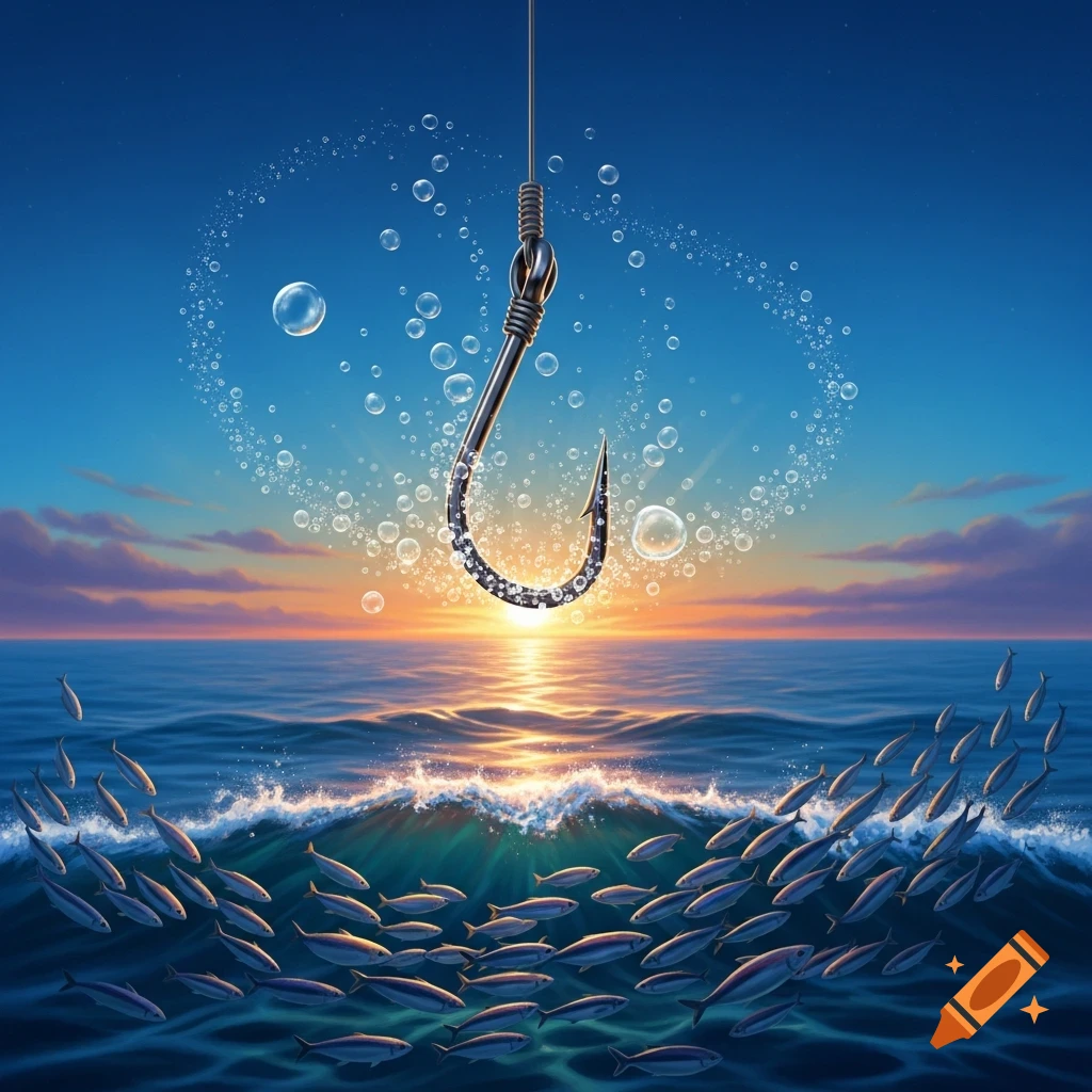 A large fishing hook hangs above a wavy ocean with a school of fish below, set against a vibrant sunset and blue sky, with bubbles around the hook.