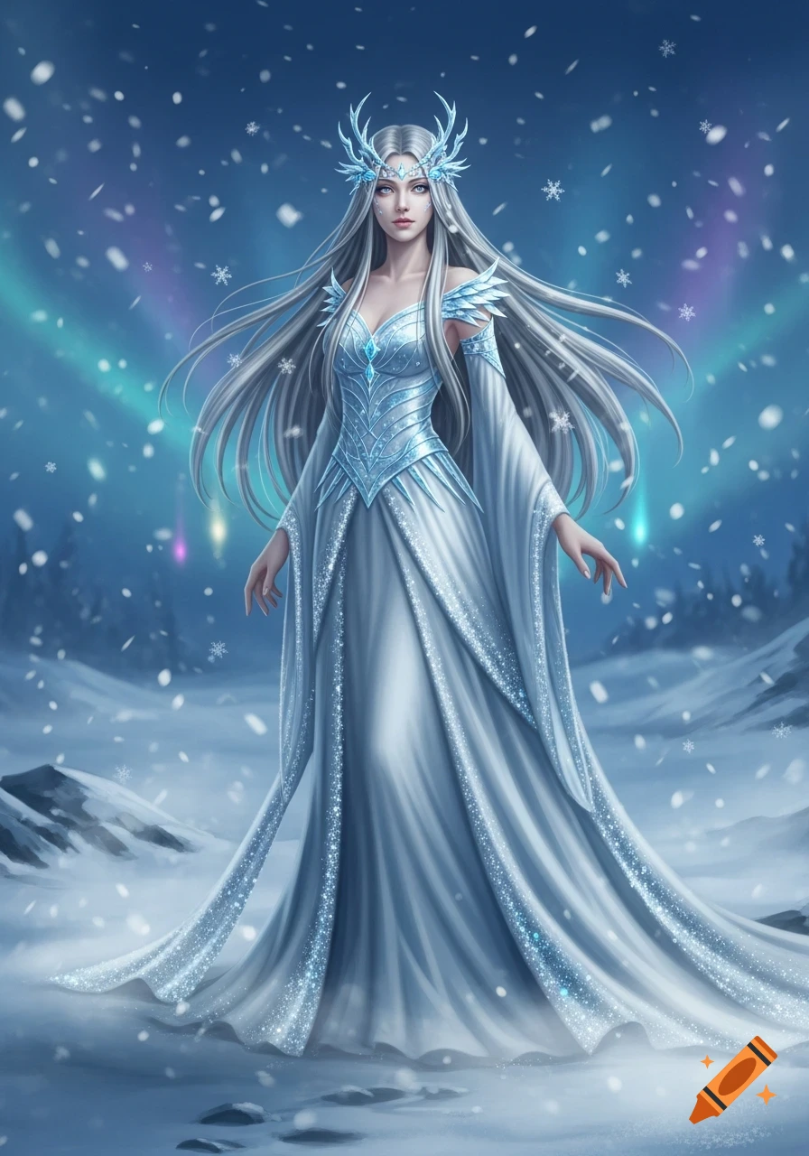 A beautiful fantasy snow goddess with long silver hair and an icy blue gown stands in a snowy landscape under the aurora borealis.