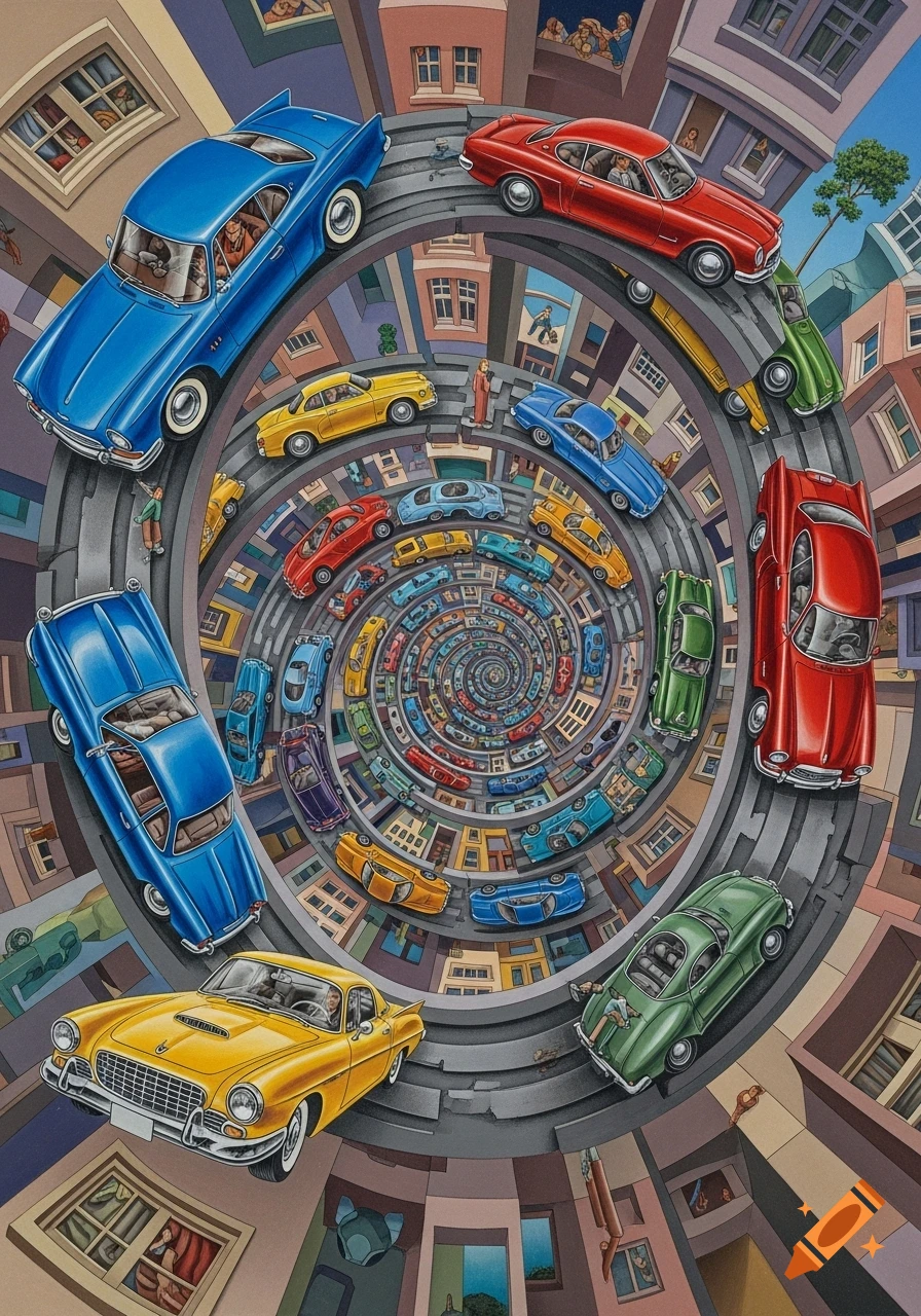 Escher-style painting of colorful classic cars on a winding spiral road, surrounded by buildings with tiny figures.