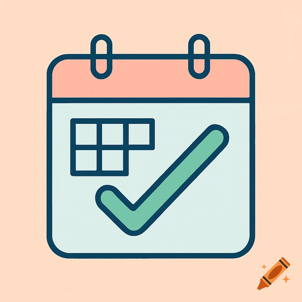 A pastel-colored, flat design illustration of a calendar icon with a green checkmark.