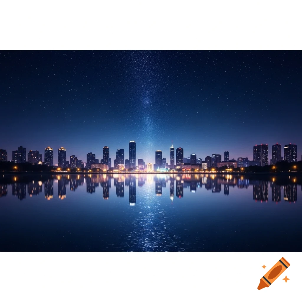 A city skyline at night, with illuminated buildings reflecting on a ...