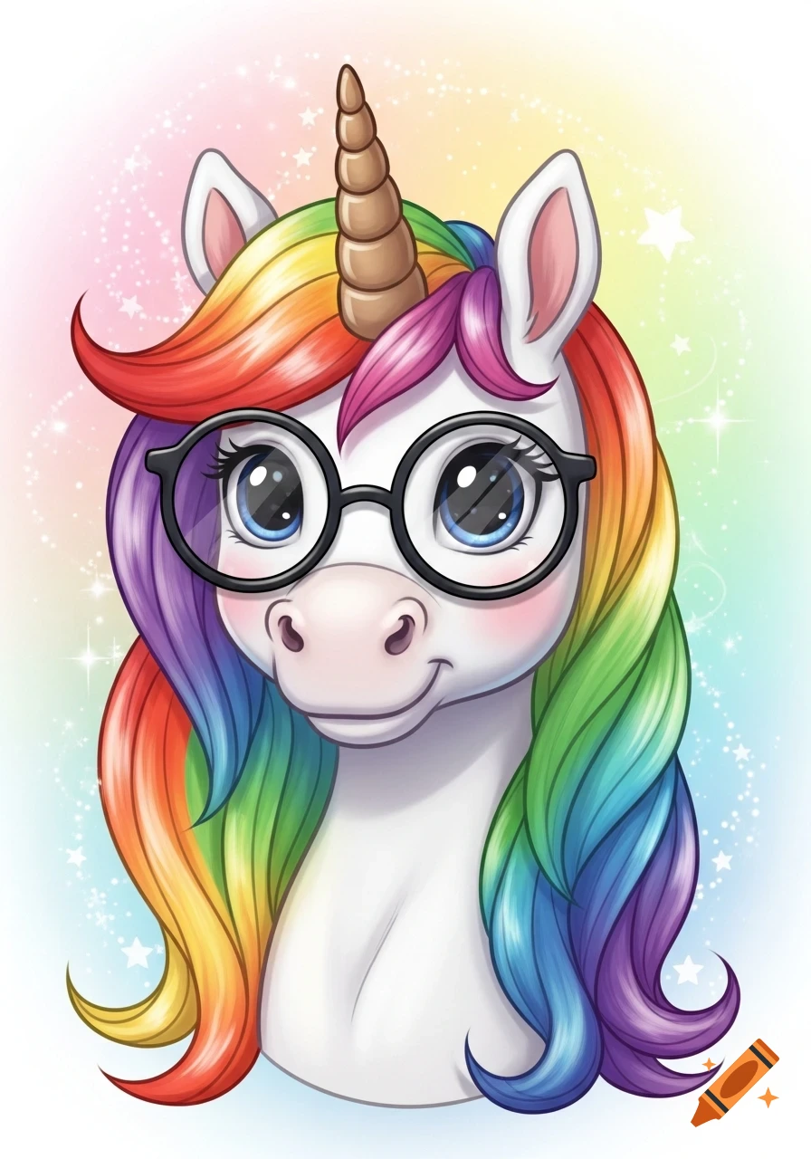 Close-up of a cute cartoon unicorn wearing black glasses, with a rainbow-colored mane and horn, smiling against a sparkly, pastel gradient background.