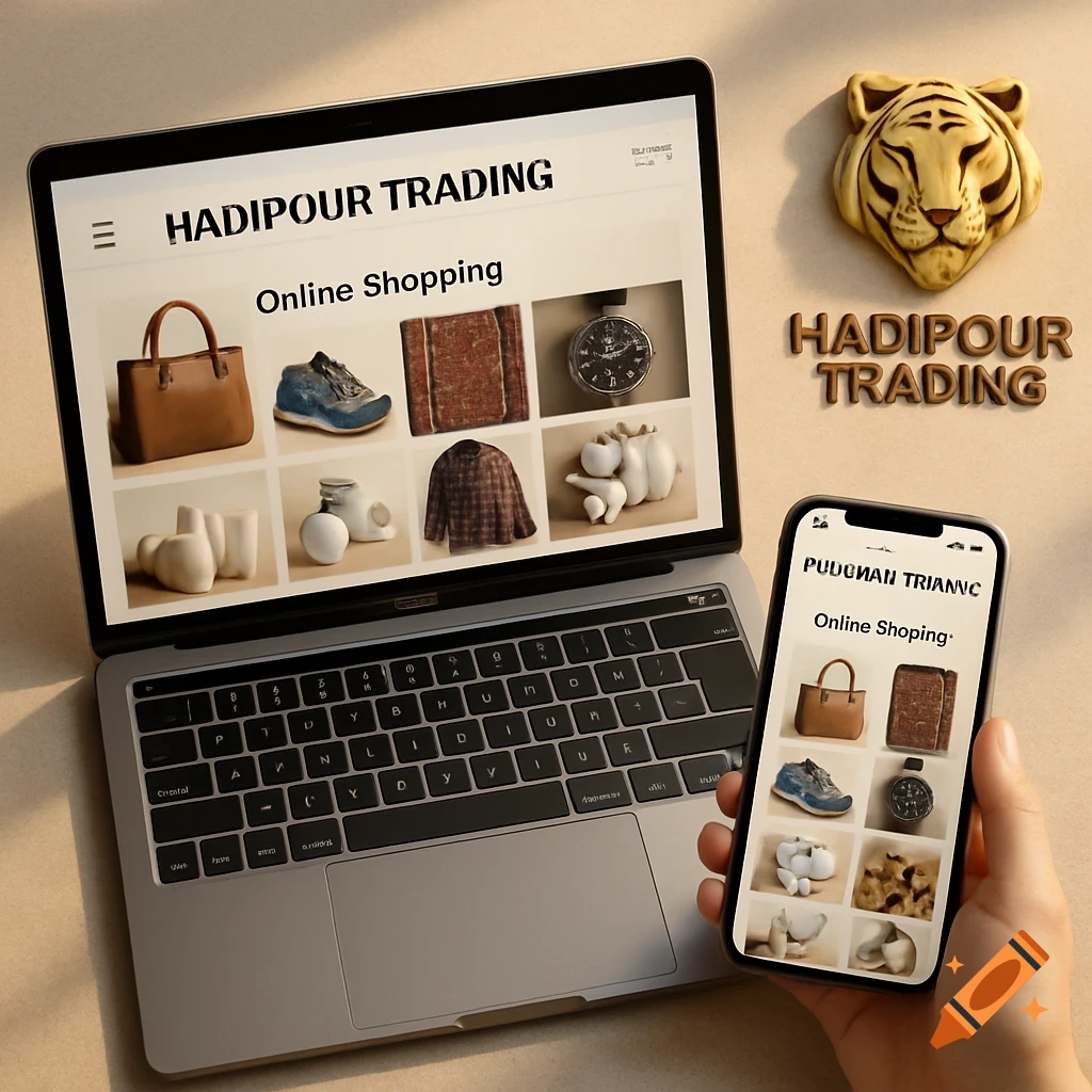 A laptop and a smartphone display an online shopping website with various products. A golden tiger head logo with "HADIPOUR TRADING" text is next to the laptop. A hand holds the phone.