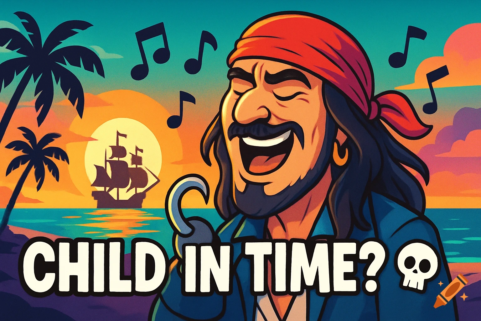 Colorful cartoon of a laughing pirate with a hook hand and music notes, tropical sunset with a pirate ship. Text "CHILD IN TIME?" with a skull icon.