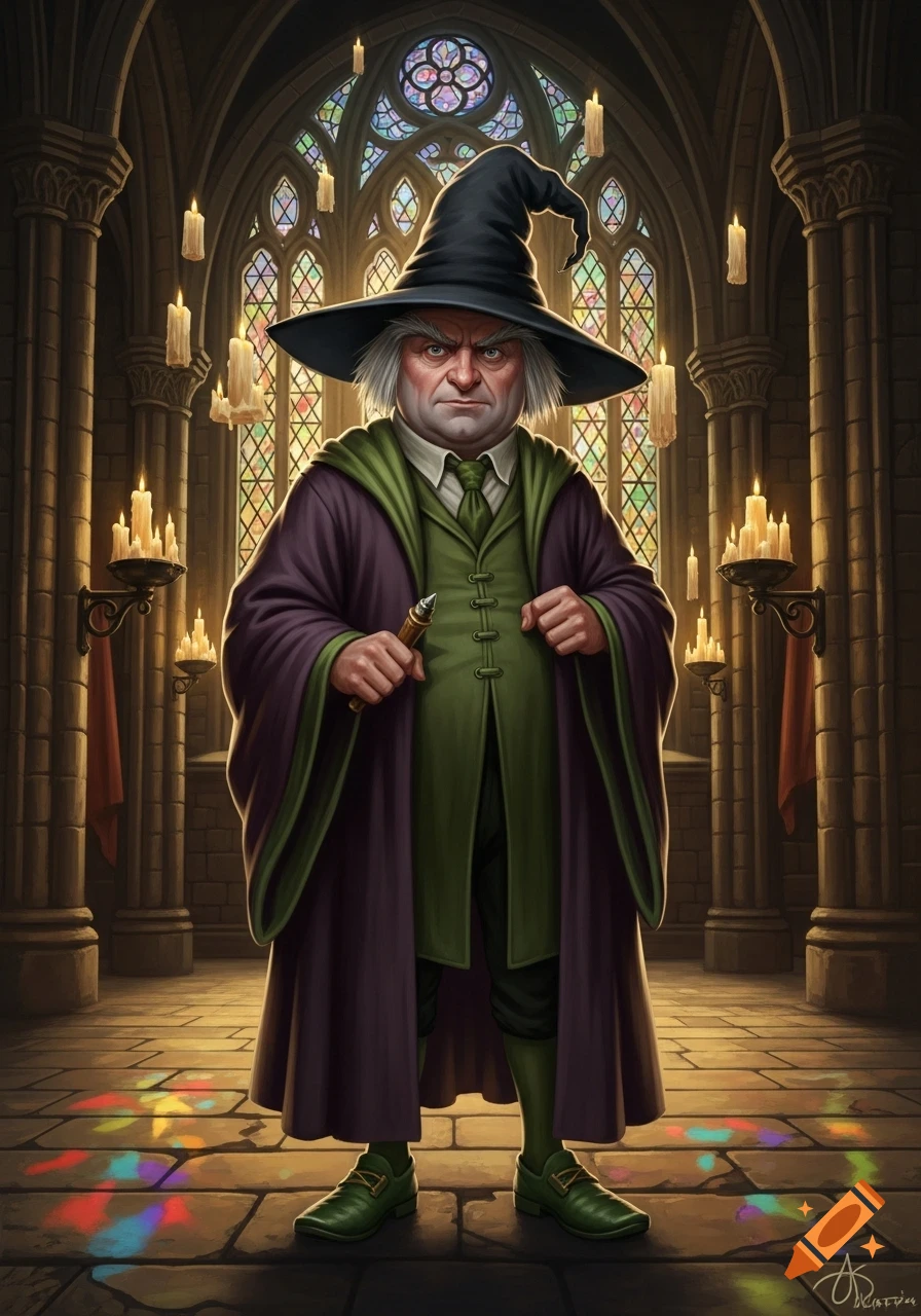 A stern, plump wizard in a black hat and plum and green robes stands in a gothic hall with stained-glass windows and floating candles.