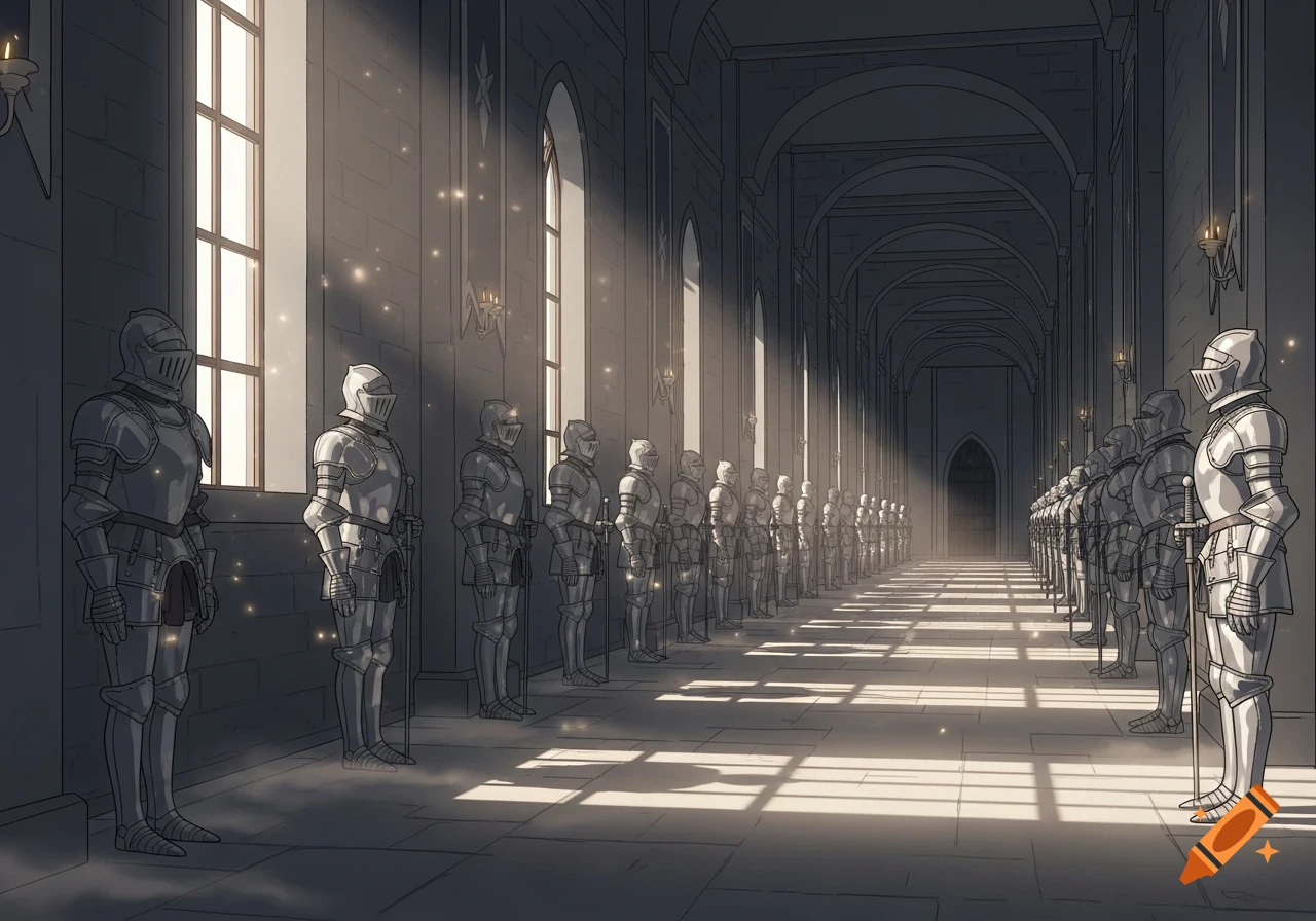 Long castle corridor with rows of ghostly, cel-shaded suits of armor illuminated by light shafts from windows.