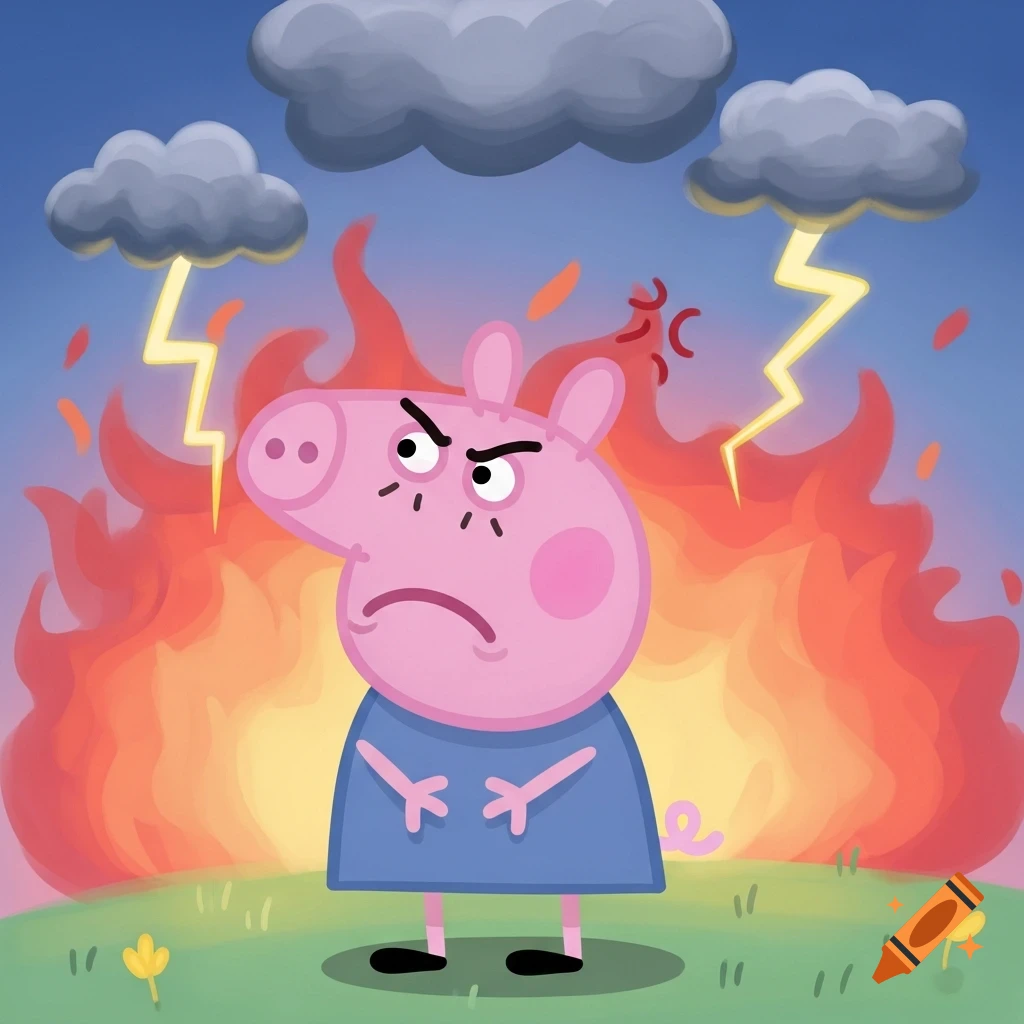 Angry Peppa Pig stands amidst cartoon flames and stormy clouds with lightning, looking frustrated.